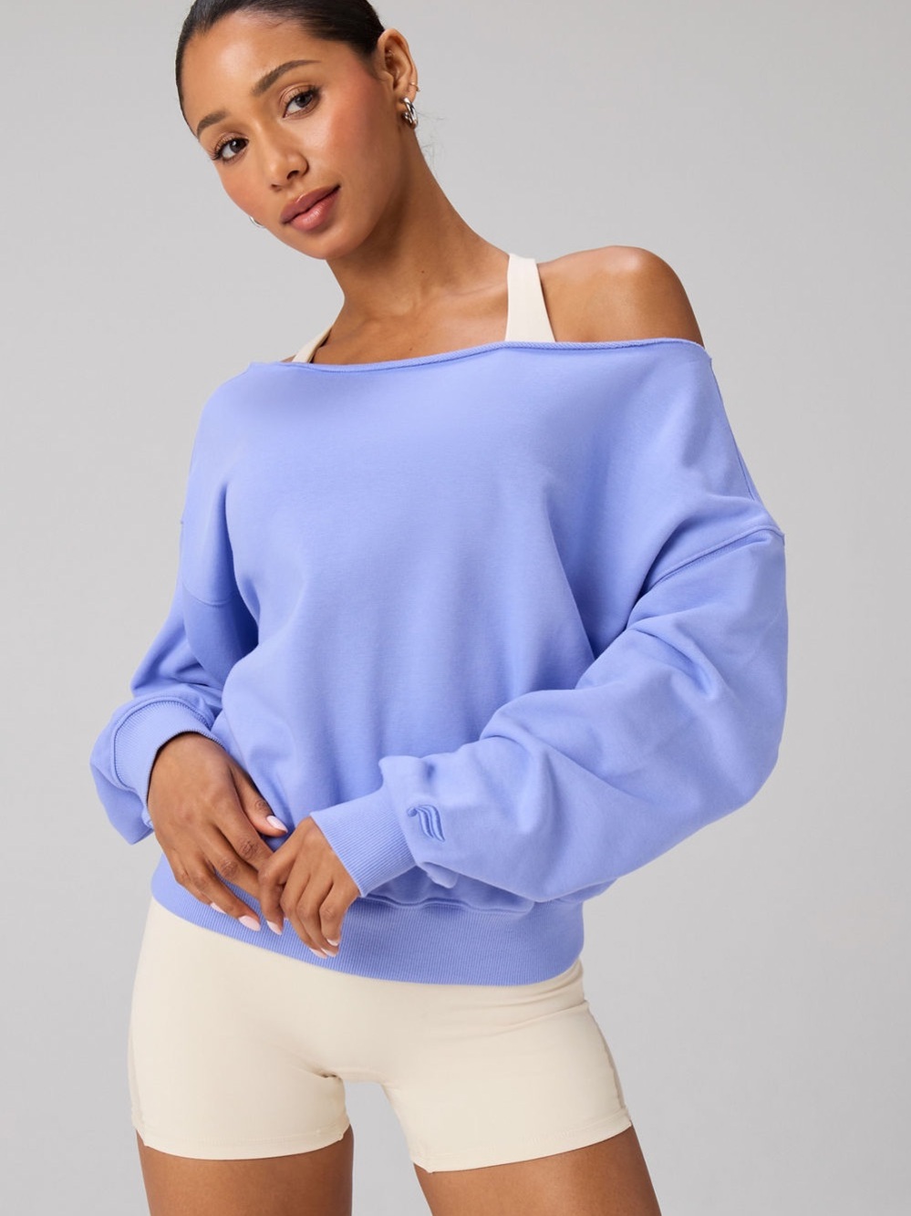 Fabletics Year Round Terry Off Shoulder Sweatshirt Blue Medium
